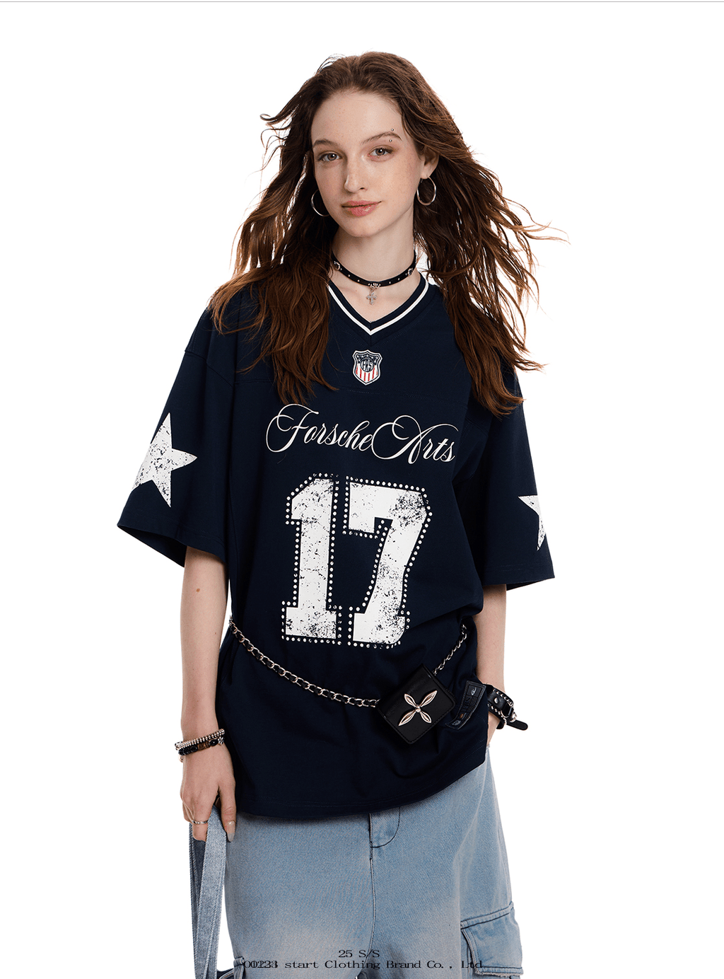 Oversized “17” print Jersey V - Neck Tee - COPPING THREADS - 0123Start