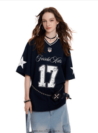 Oversized “17” print Jersey V - Neck Tee - COPPING THREADS - 0123Start