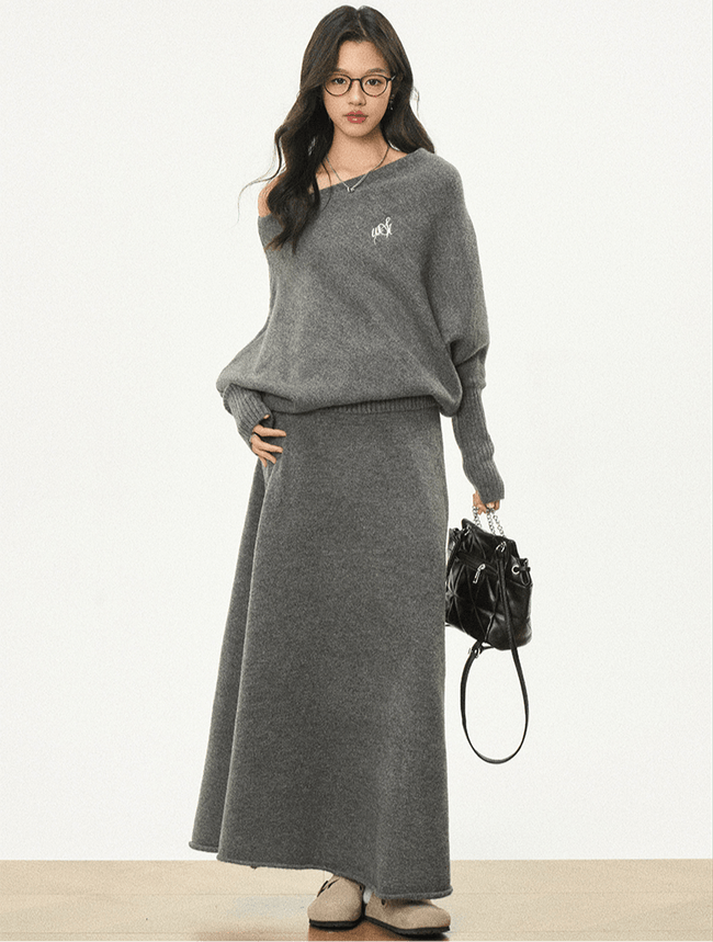 Oversized Bardot Neck Crop Top & Skirt Set Main Image