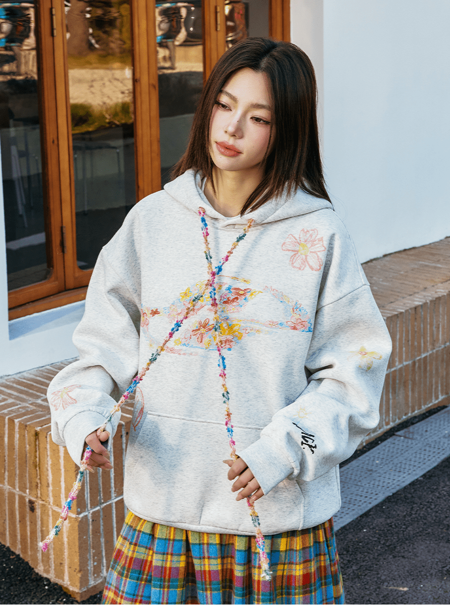 Oversized Crayon Floral Print Hoodie Secondary image