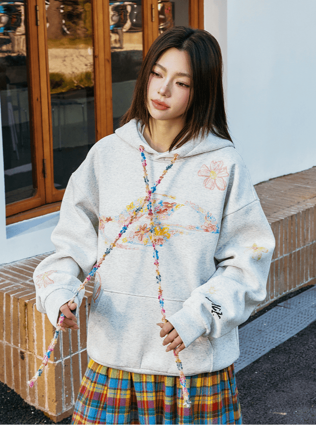 Oversized Crayon Floral Print Hoodie Main Image