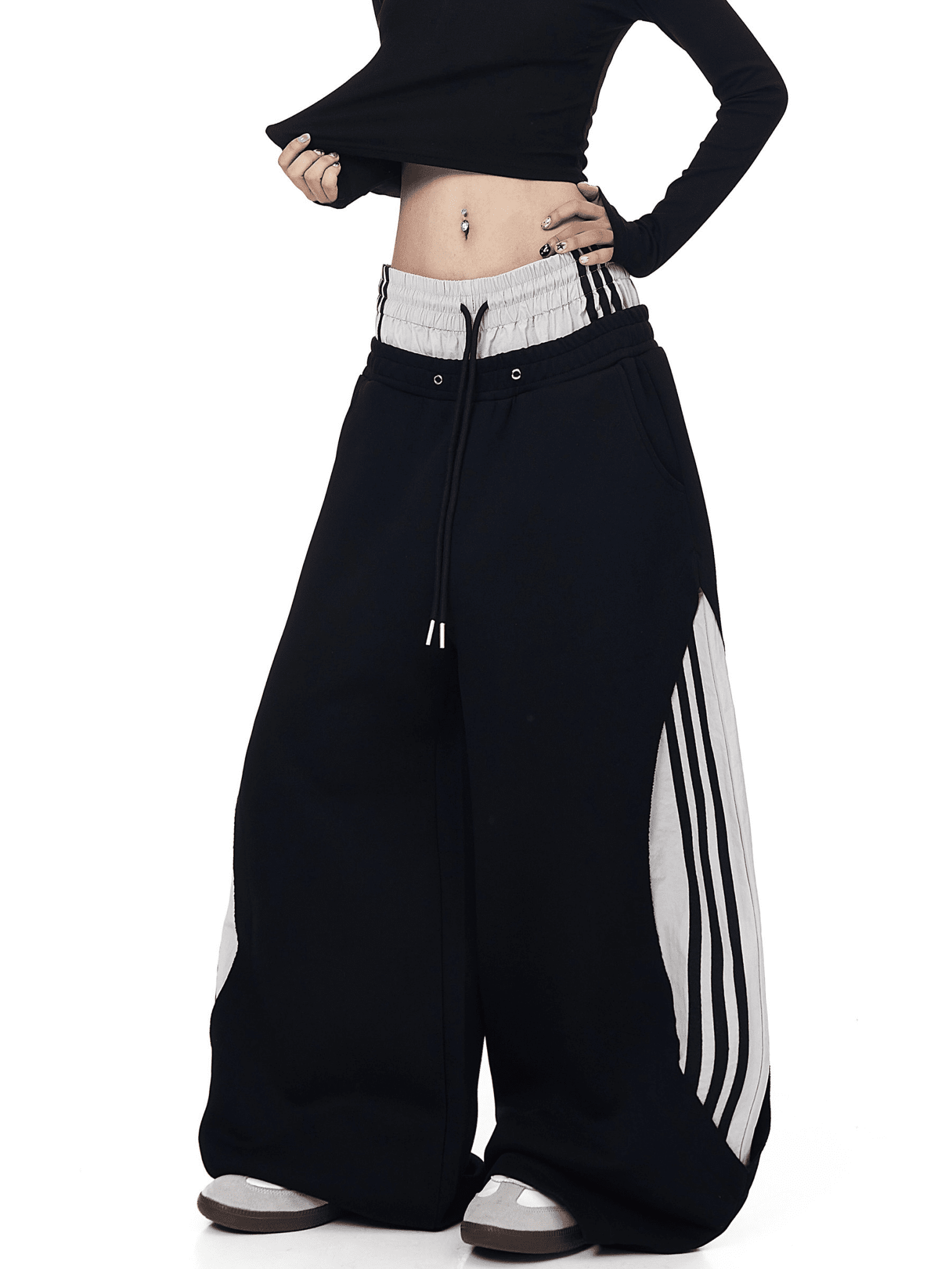 Oversized Dual Waistbands Faux Layered Stripe Sweatpants Secondary image