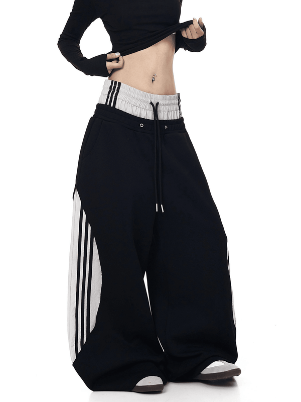 Oversized Dual Waistbands Faux Layered Stripe Sweatpants - COPPING THREADS - CT Select
