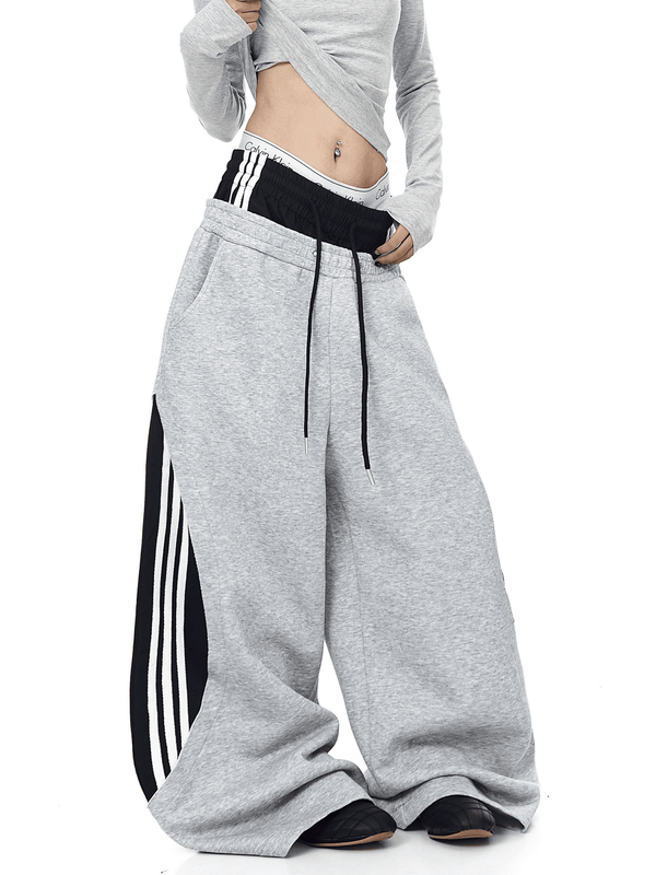 Oversized Dual Waistbands Faux Layered Stripe Sweatpants - COPPING THREADS - CT Select