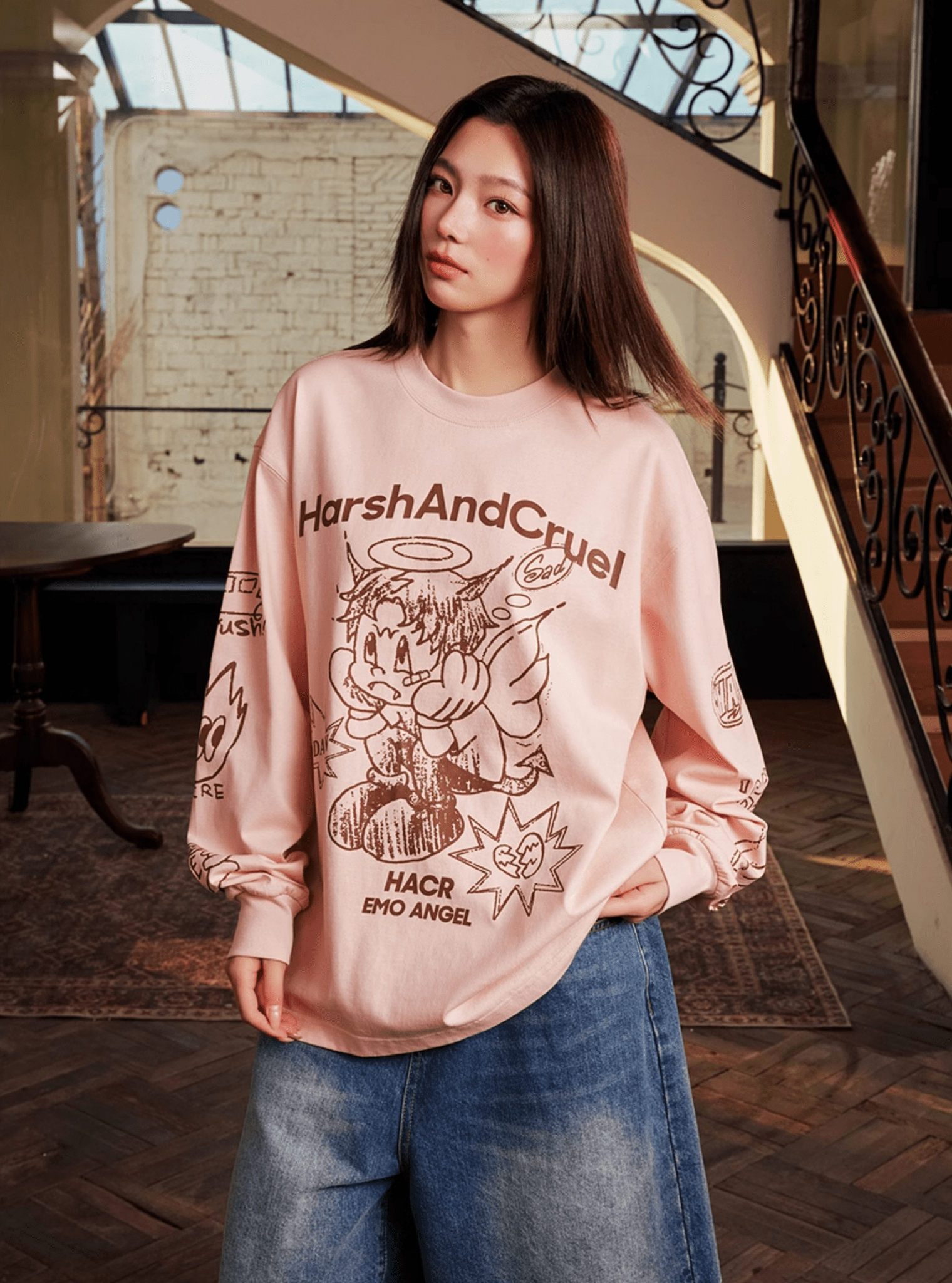 Oversized Emo Angel Graphic Long Sleeve Tee - COPPING THREADS - Harsh and Cruel