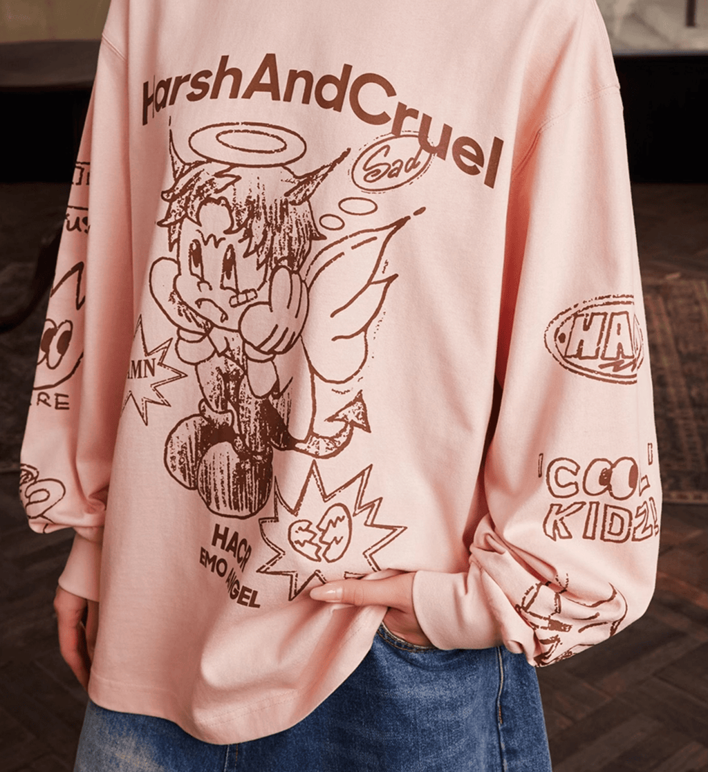 Oversized Emo Angel Graphic Long Sleeve Tee - COPPING THREADS - Harsh and Cruel