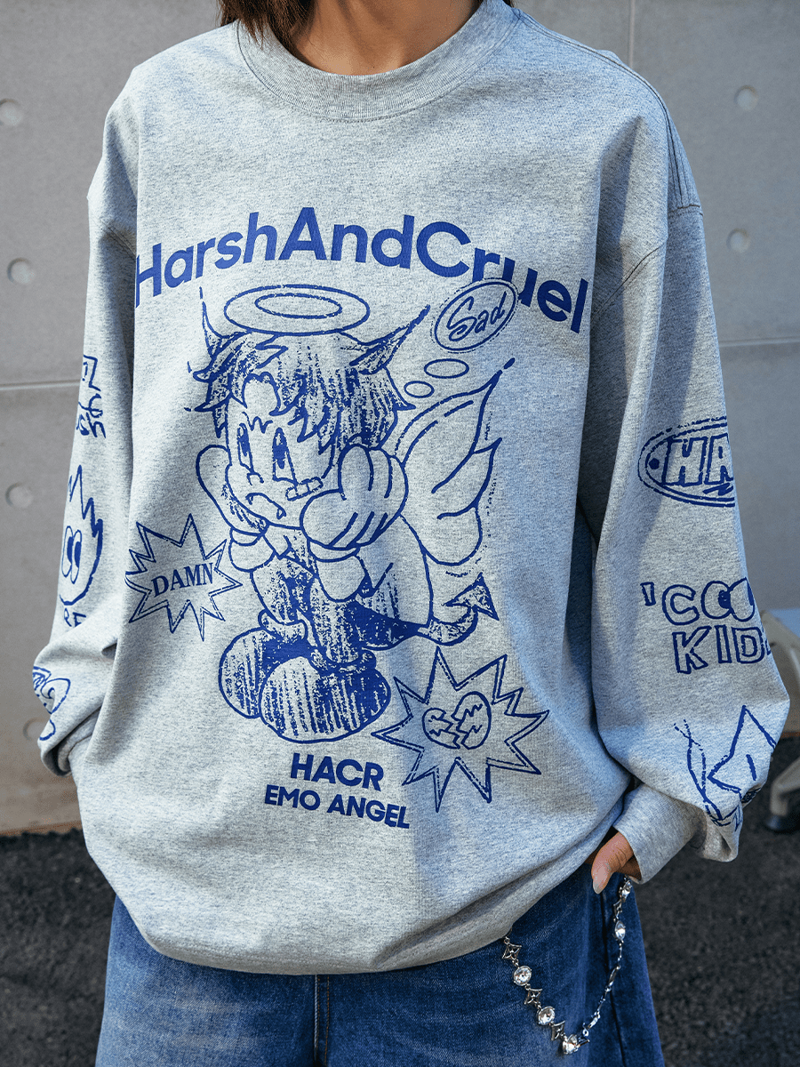 Oversized Emo Angel Graphic Long Sleeve Tee - COPPING THREADS - Harsh and Cruel