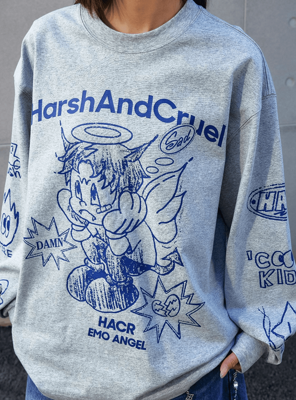 Oversized Emo Angel Graphic Long Sleeve Tee - COPPING THREADS - Harsh and Cruel