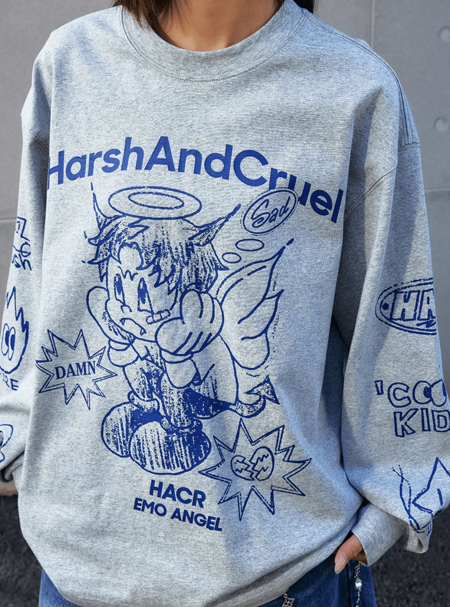 Oversized Emo Angel Graphic Long Sleeve Tee - COPPING THREADS - Harsh and Cruel