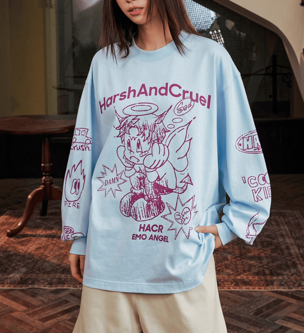 Oversized Emo Angel Graphic Long Sleeve Tee - COPPING THREADS - Harsh and Cruel