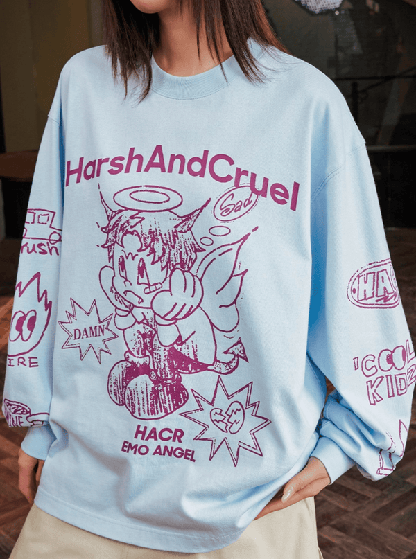 Oversized Emo Angel Graphic Long Sleeve Tee - COPPING THREADS - Harsh and Cruel