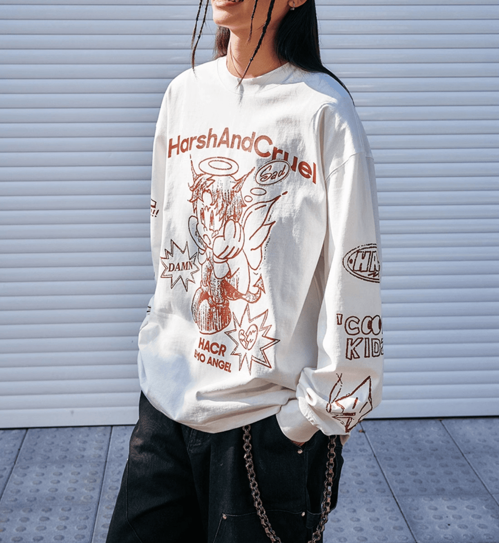 Oversized Emo Angel Graphic Long Sleeve Tee - COPPING THREADS - Harsh and Cruel