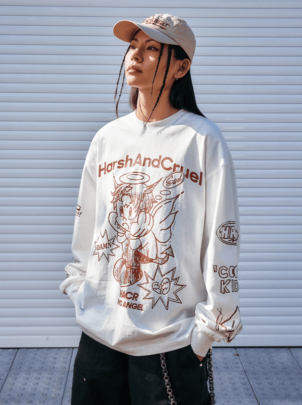 Oversized Emo Angel Graphic Long Sleeve Tee - COPPING THREADS - Harsh and Cruel