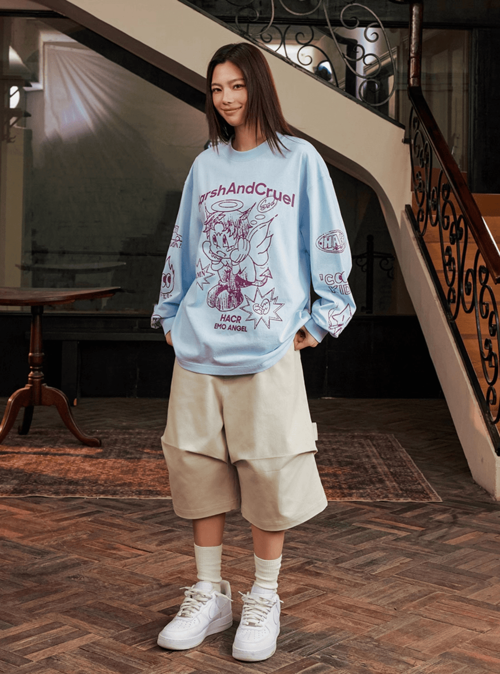 Oversized Emo Angel Graphic Long Sleeve Tee - COPPING THREADS - Harsh and Cruel