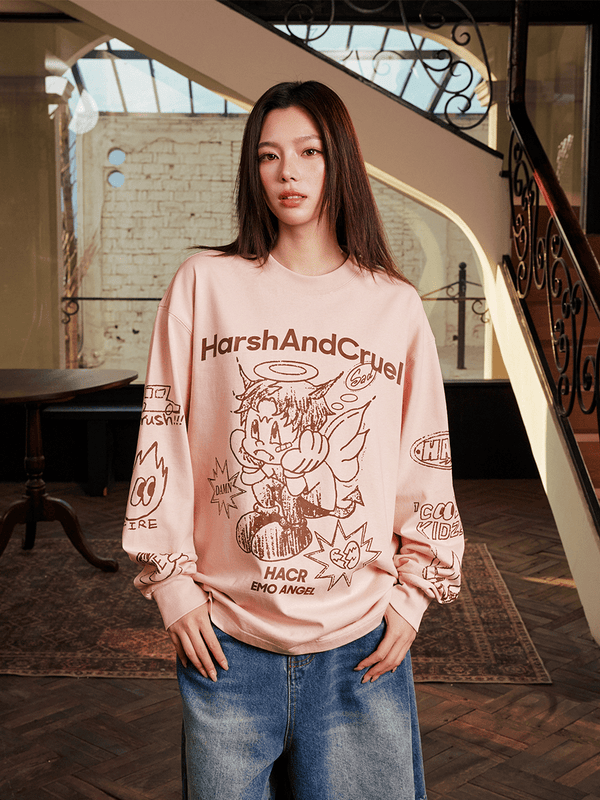 Oversized Emo Angel Graphic Long Sleeve Tee - COPPING THREADS - Harsh and Cruel