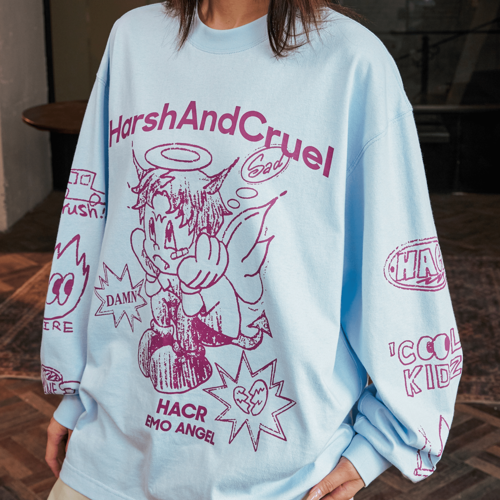 Oversized Emo Angel Graphic Long Sleeve Tee - COPPING THREADS - Harsh and Cruel