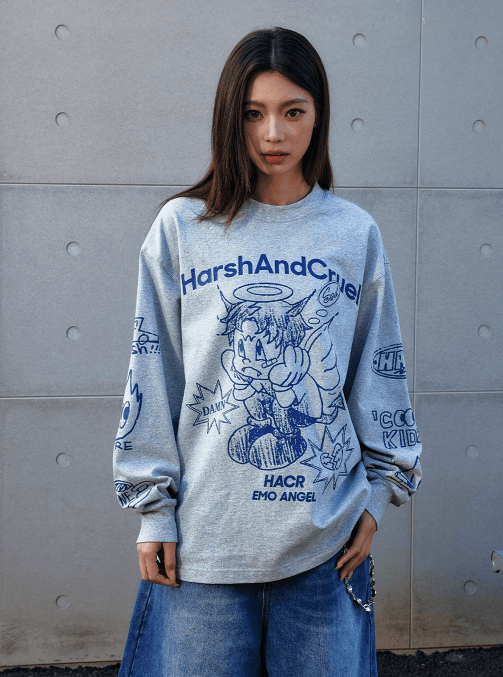 Oversized Emo Angel Graphic Long Sleeve Tee - COPPING THREADS - Harsh and Cruel