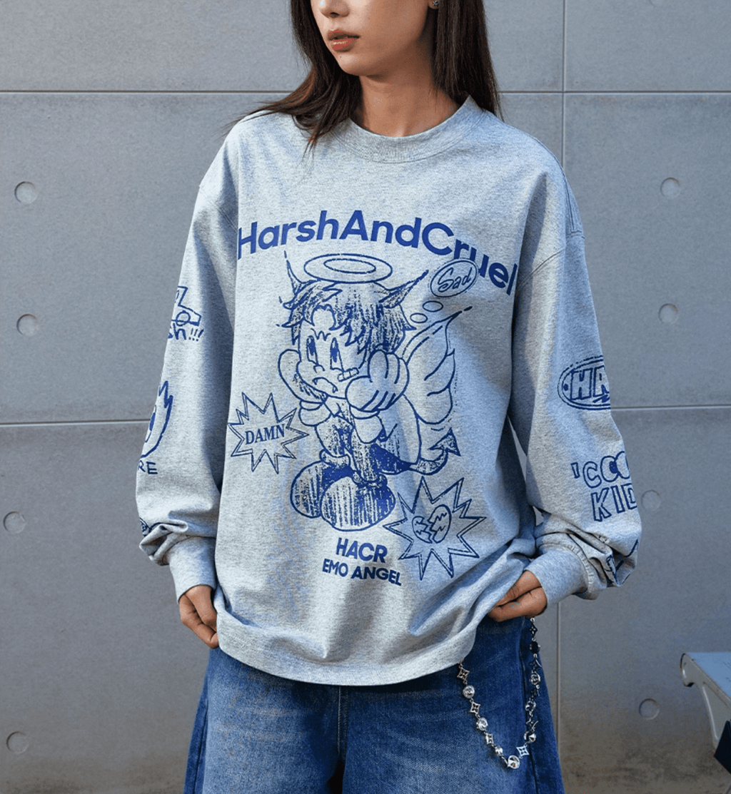 Oversized Emo Angel Graphic Long Sleeve Tee - COPPING THREADS - Harsh and Cruel