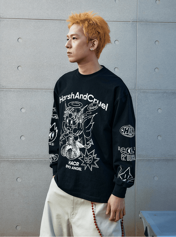 Oversized Emo Angel Graphic Long Sleeve Tee - COPPING THREADS - Harsh and Cruel