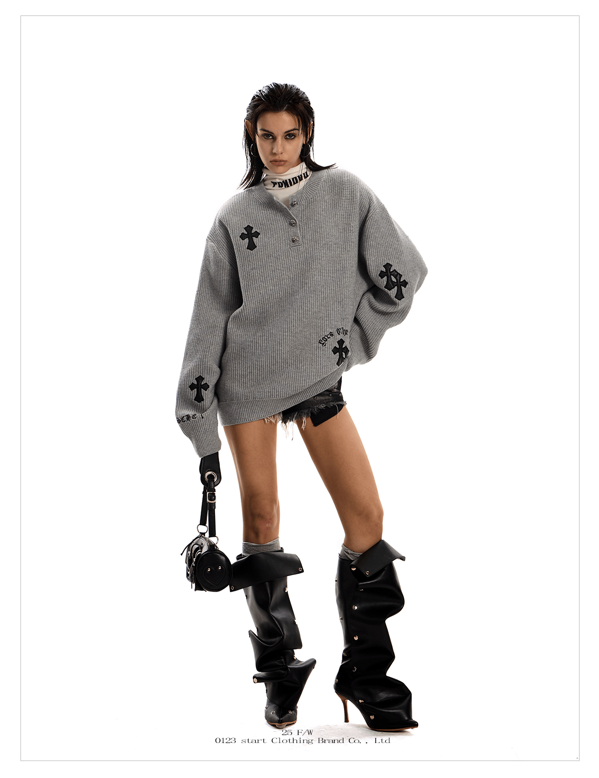 Oversized Gothic Cross Knit Henley Sweater - COPPING THREADS - 0123Start