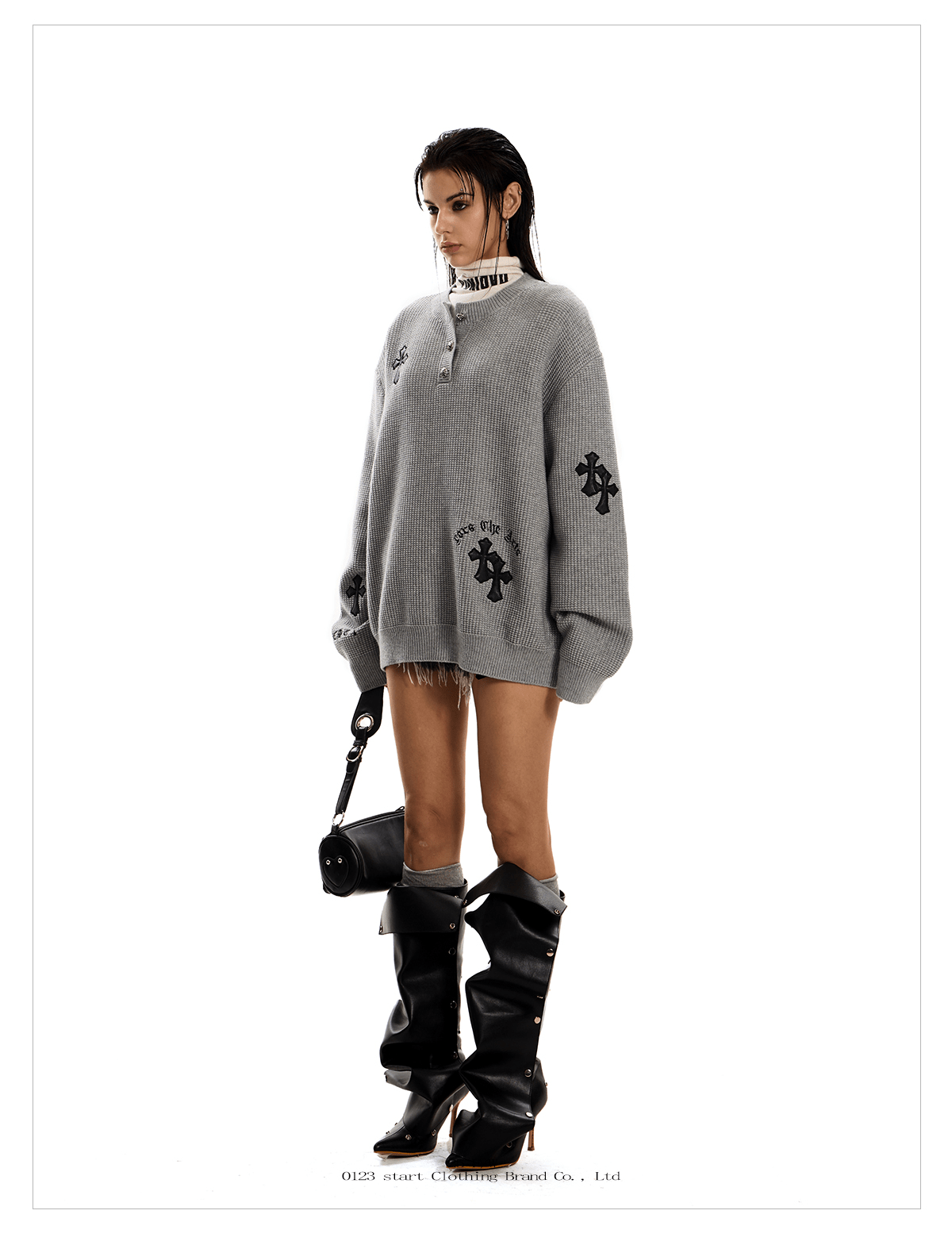 Oversized Gothic Cross Knit Henley Sweater - COPPING THREADS - 0123Start