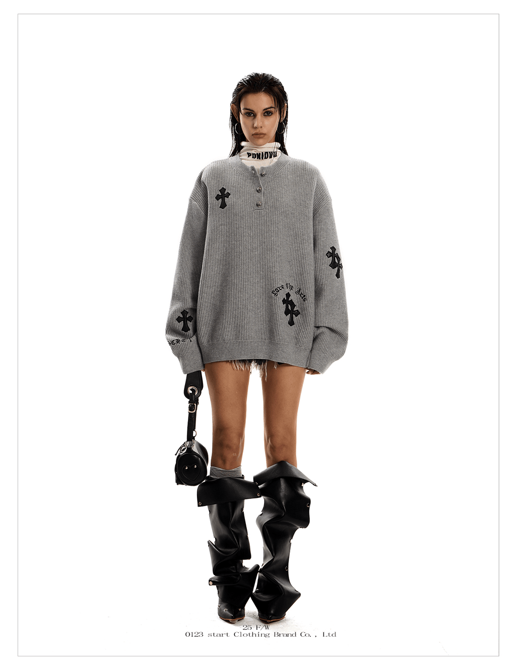 Oversized Gothic Cross Knit Henley Sweater - COPPING THREADS - 0123Start