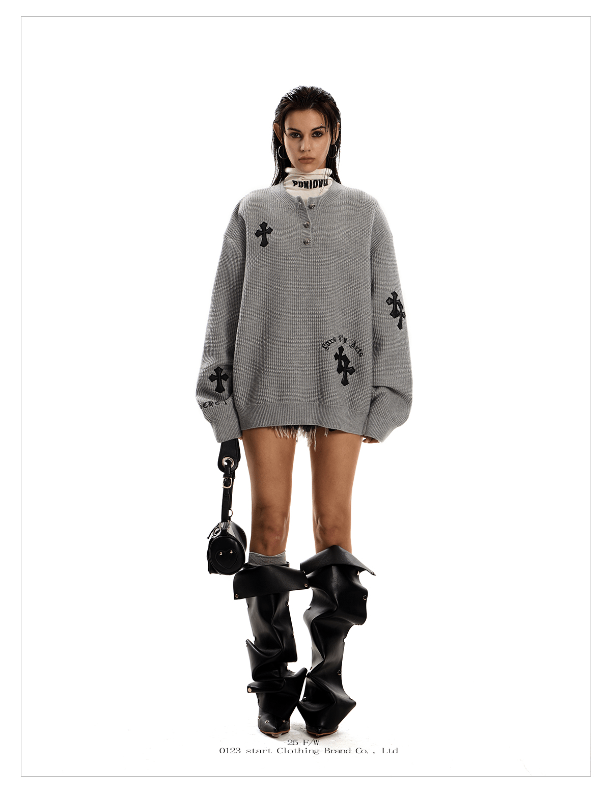 Oversized Gothic Cross Knit Henley Sweater - COPPING THREADS - 0123Start