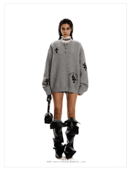 Oversized Gothic Cross Knit Henley Sweater - COPPING THREADS - 0123Start