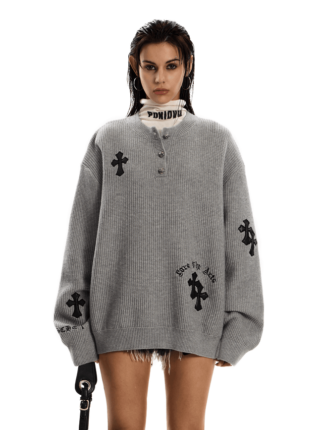 Oversized Gothic Cross Knit Henley Sweater - COPPING THREADS - 0123Start Hover Image