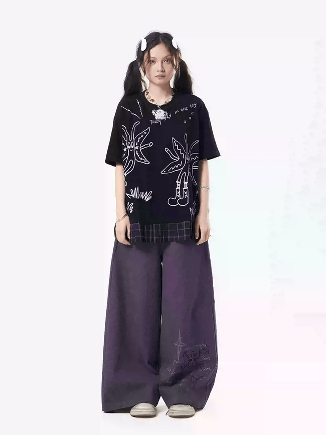 Oversized Graphic Patchwork Plaid Hem Tee Main Image