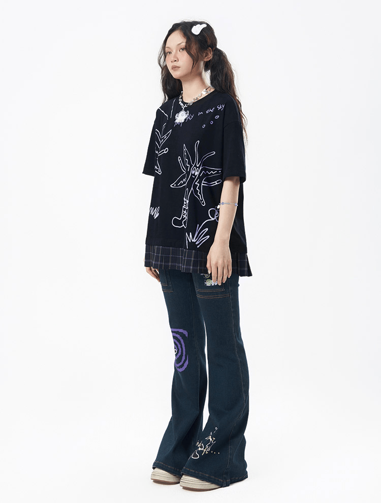 Oversized Graphic Patchwork Plaid Hem Tee - COPPING THREADS - CT Coquette