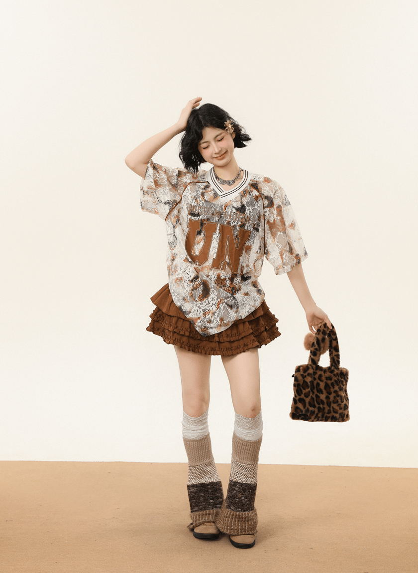 Oversized Lace Mesh V - Neck Tee - COPPING THREADS - CHICISLAND