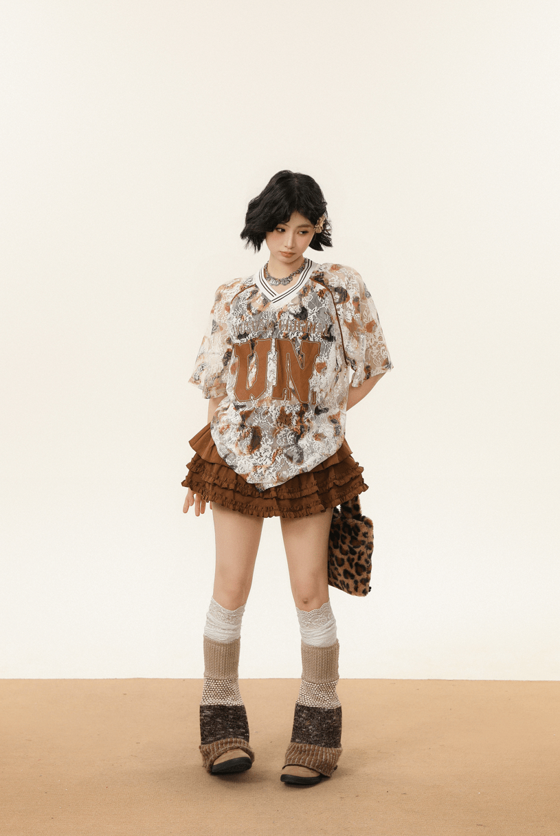 Oversized Lace Mesh V - Neck Tee - COPPING THREADS - CHICISLAND