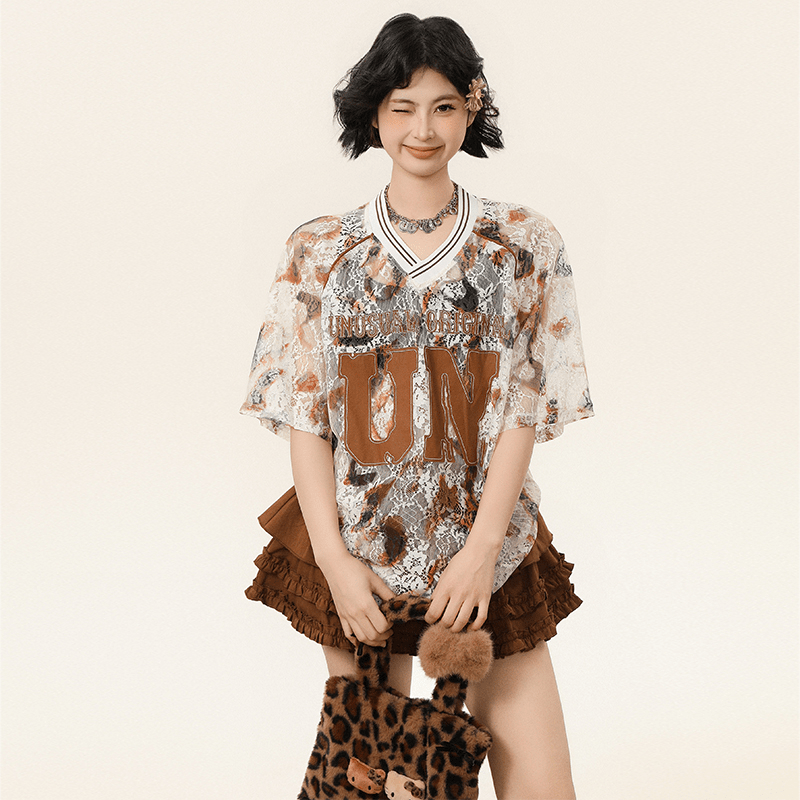 Oversized Lace Mesh V - Neck Tee - COPPING THREADS - CHICISLAND 메인 이미지