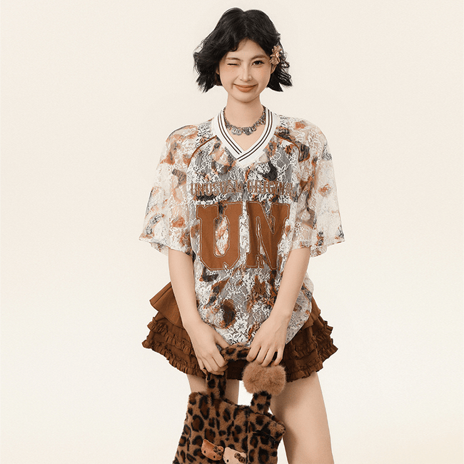 Oversized Lace Mesh V - Neck Tee - COPPING THREADS - CHICISLAND Hover Image