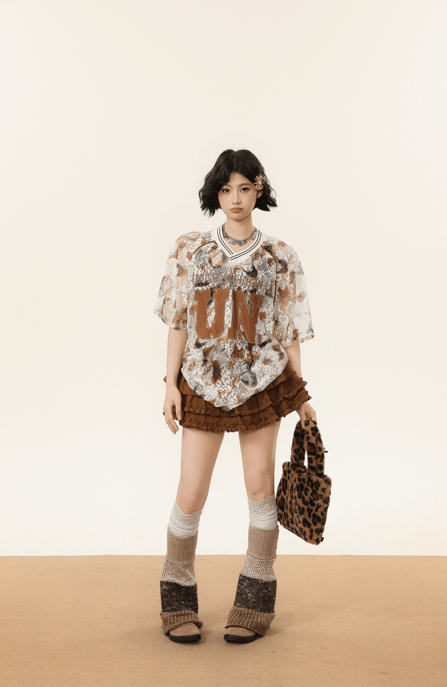 Oversized Lace Mesh V-Neck Tee Main Image