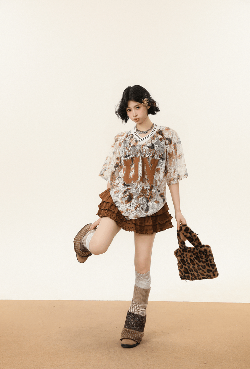 Oversized Lace Mesh V - Neck Tee - COPPING THREADS - CHICISLAND