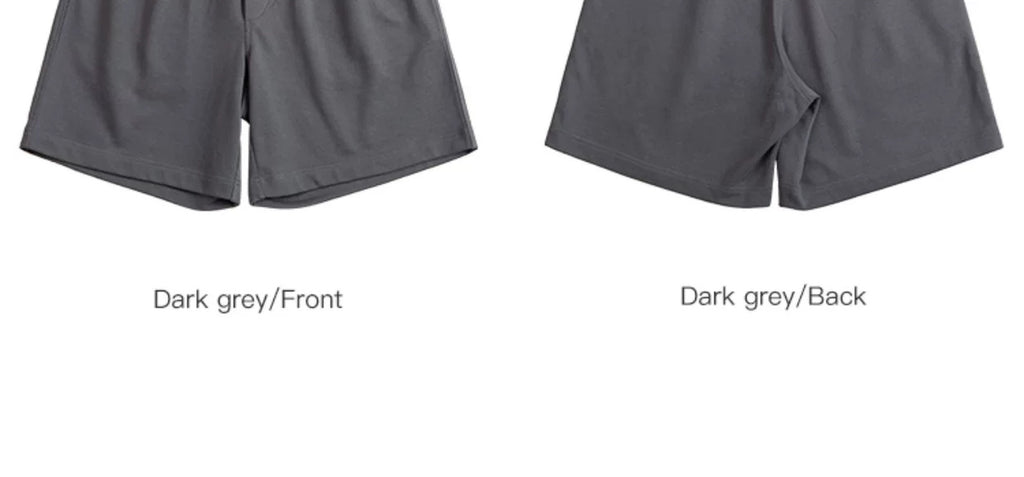 IDLT shorts, dark gray front and back hem comparison.