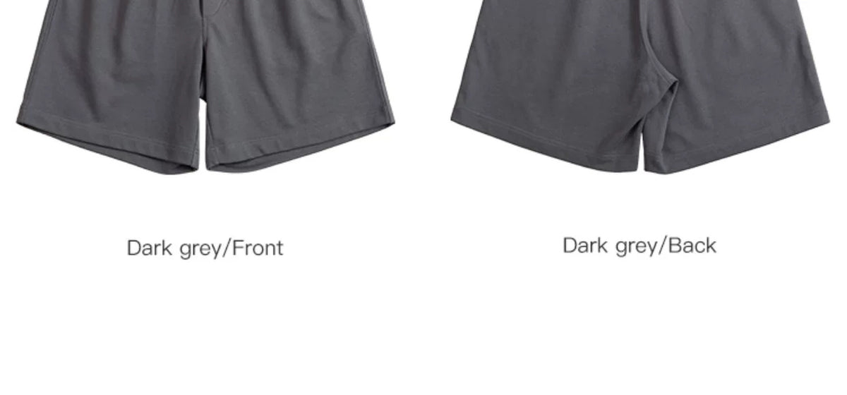 IDLT shorts, dark gray front and back hem comparison.