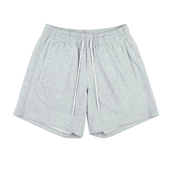 IDLT sweat shorts, heather gray front.