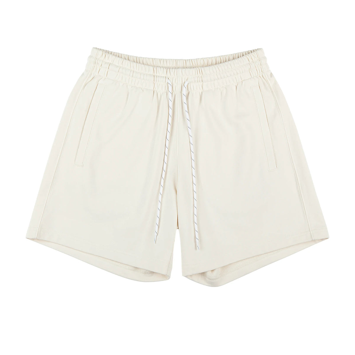 IDLT sweat shorts, cream front.