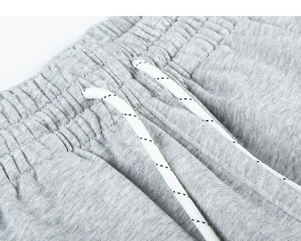 IDLT sweat shorts, heather gray drawstring eyelets.