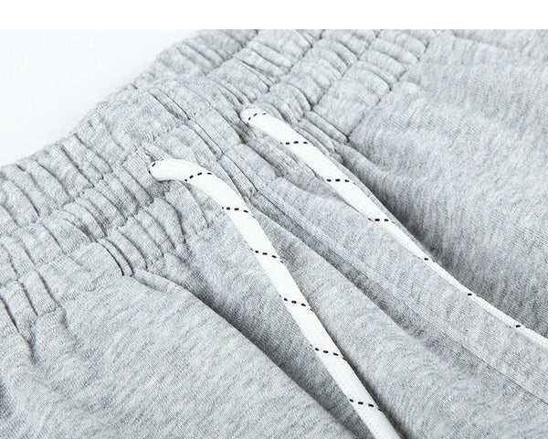 IDLT sweat shorts, heather gray drawstring eyelets.