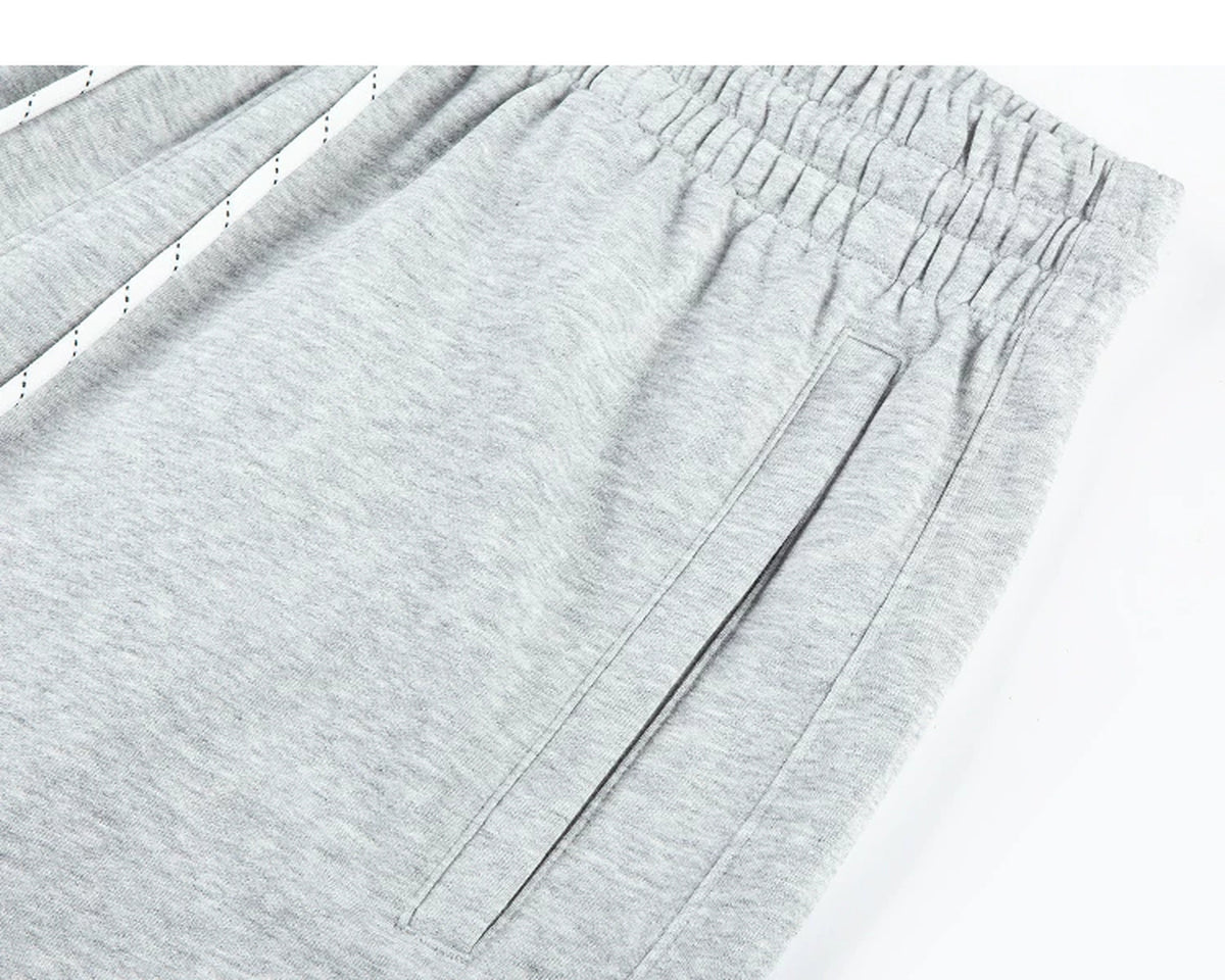 IDLT sweat shorts, heather gray side pocket.