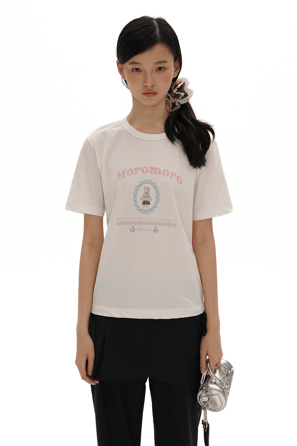 Pearl Bunny Cross - Stitch Embroidered Crewneck Tee - COPPING THREADS - MOROMORO