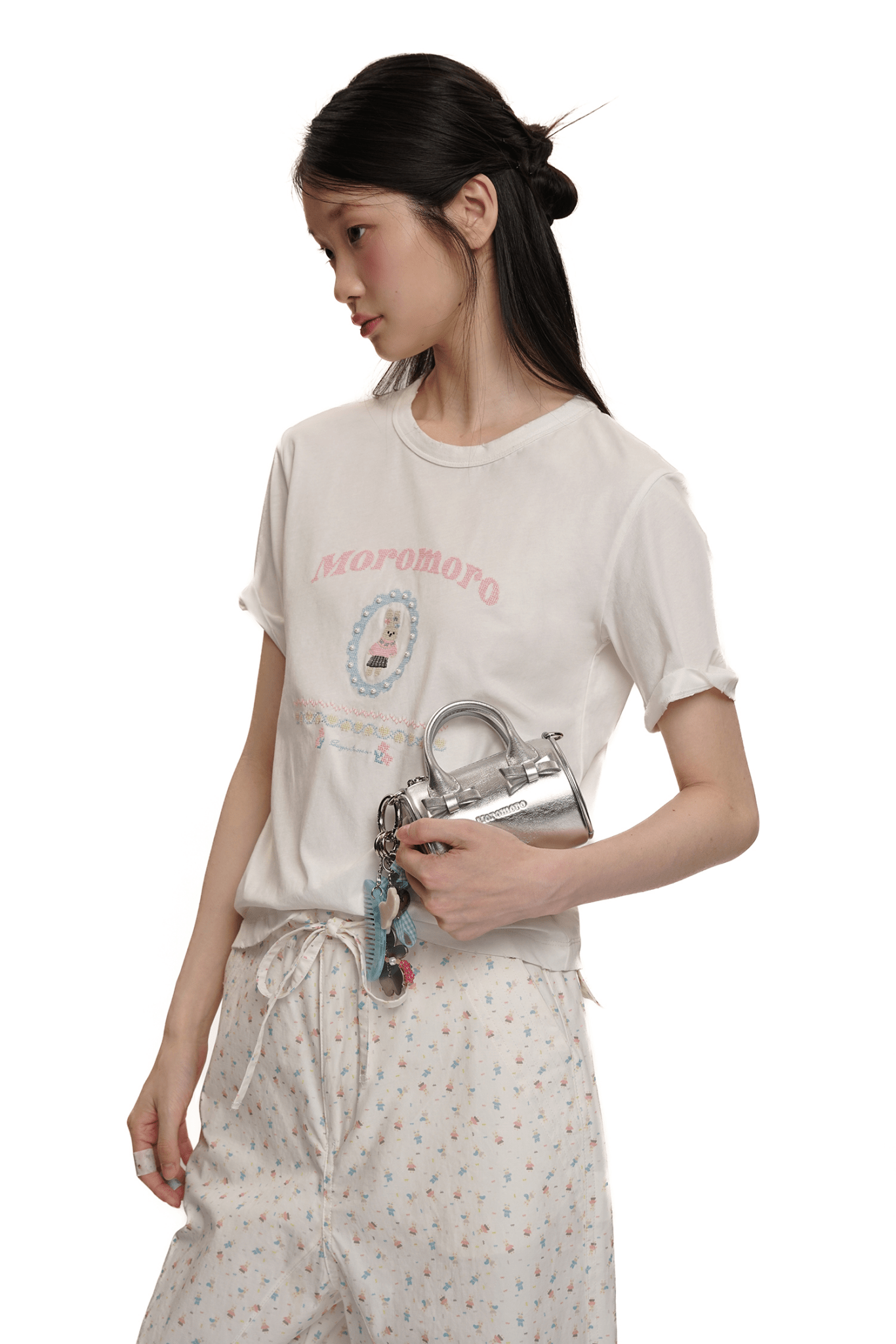 Pearl Bunny Cross - Stitch Embroidered Crewneck Tee - COPPING THREADS - MOROMORO