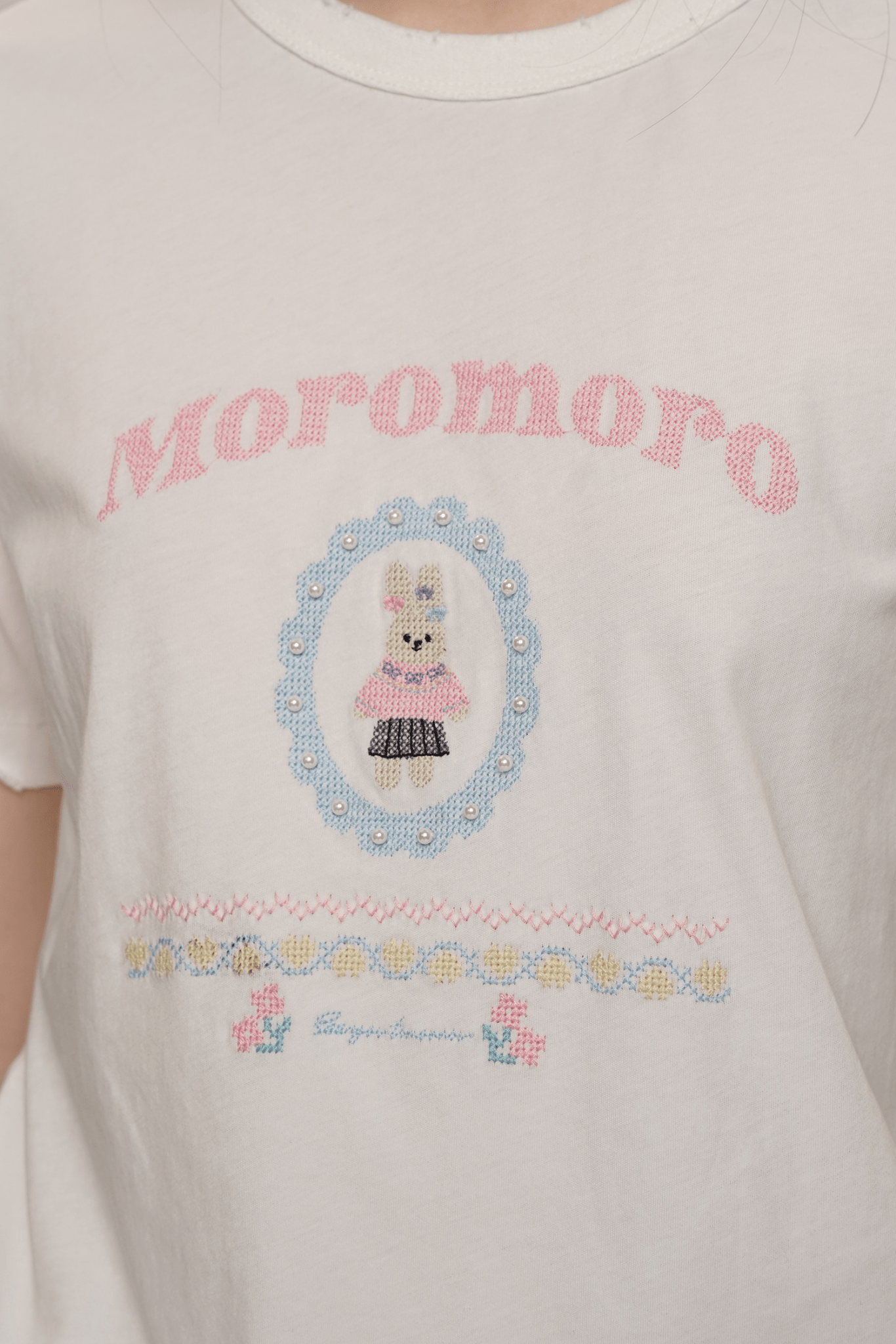 Pearl Bunny Cross - Stitch Embroidered Crewneck Tee - COPPING THREADS - MOROMORO