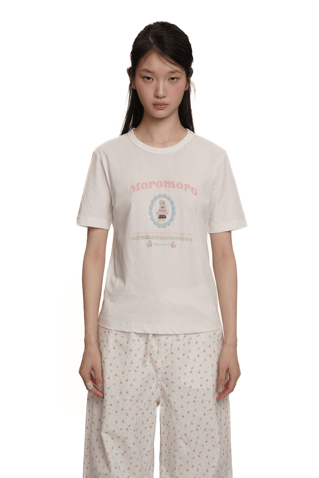 Pearl Bunny Cross - Stitch Embroidered Crewneck Tee - COPPING THREADS - MOROMORO