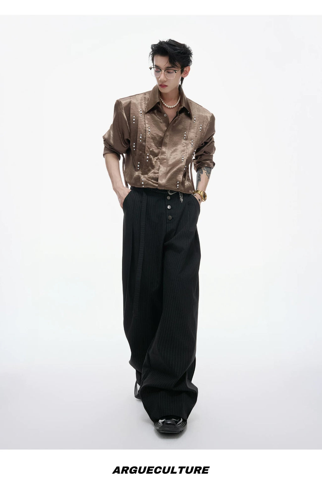 Pearl-Trim Tie-Neck Pleated Shirt - COPPING THREADS - Argue Culture