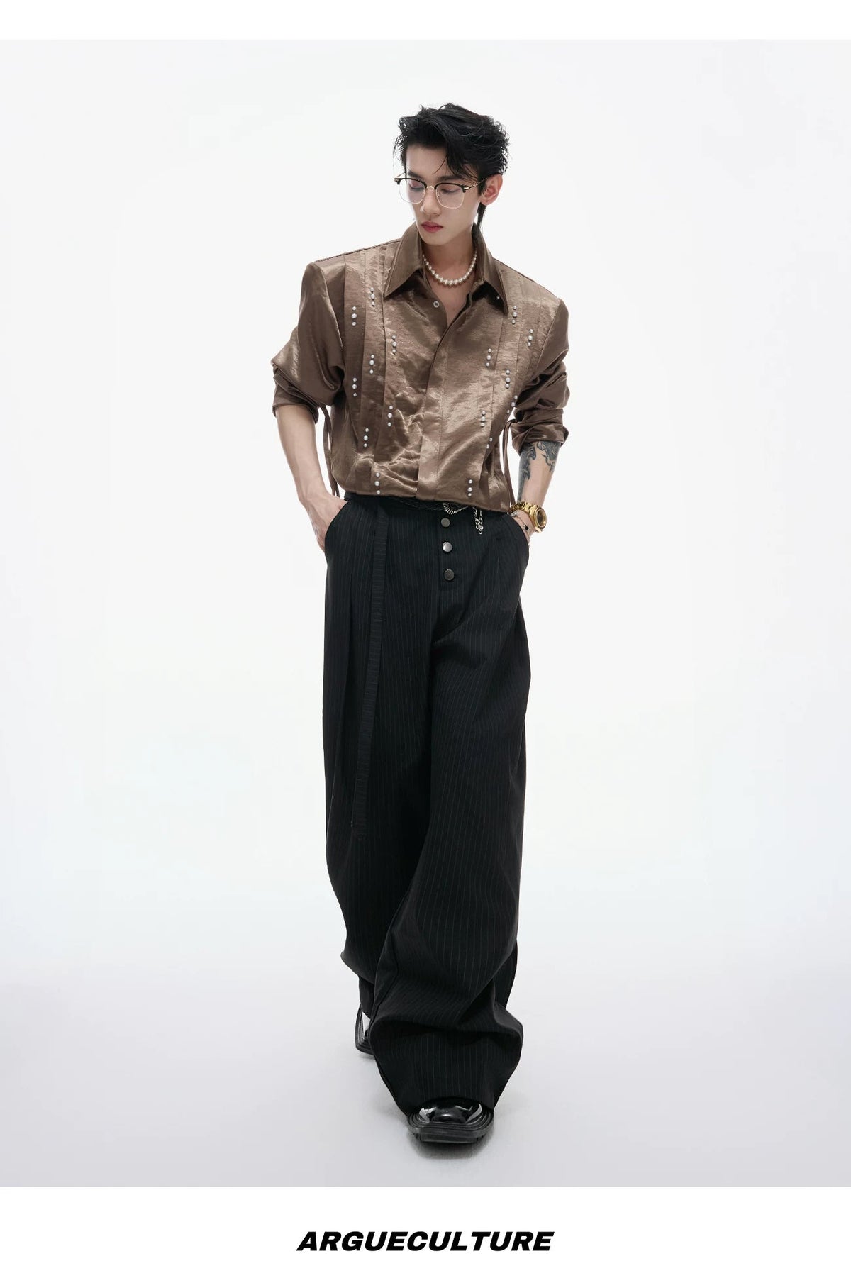Pearl-Trim Tie-Neck Pleated Shirt - COPPING THREADS - Argue Culture